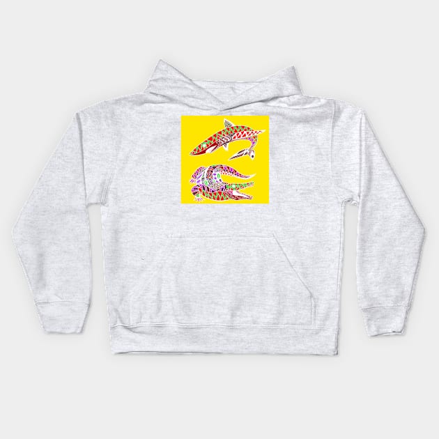 yellow shark and crocodile in kingdom art ecopop Kids Hoodie by jorge_lebeau